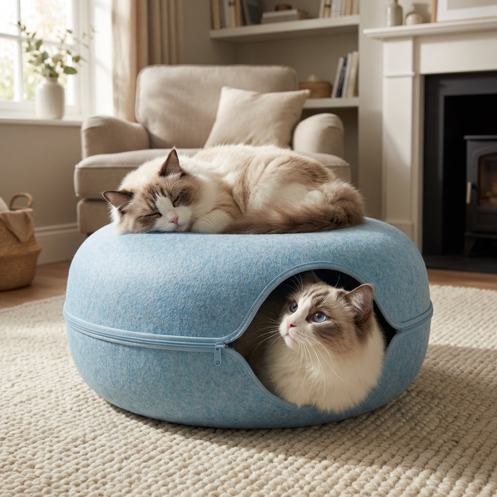 Felt Donut Cat Bed & Tunnel | 2-in-1 | Collapsible with Zipper