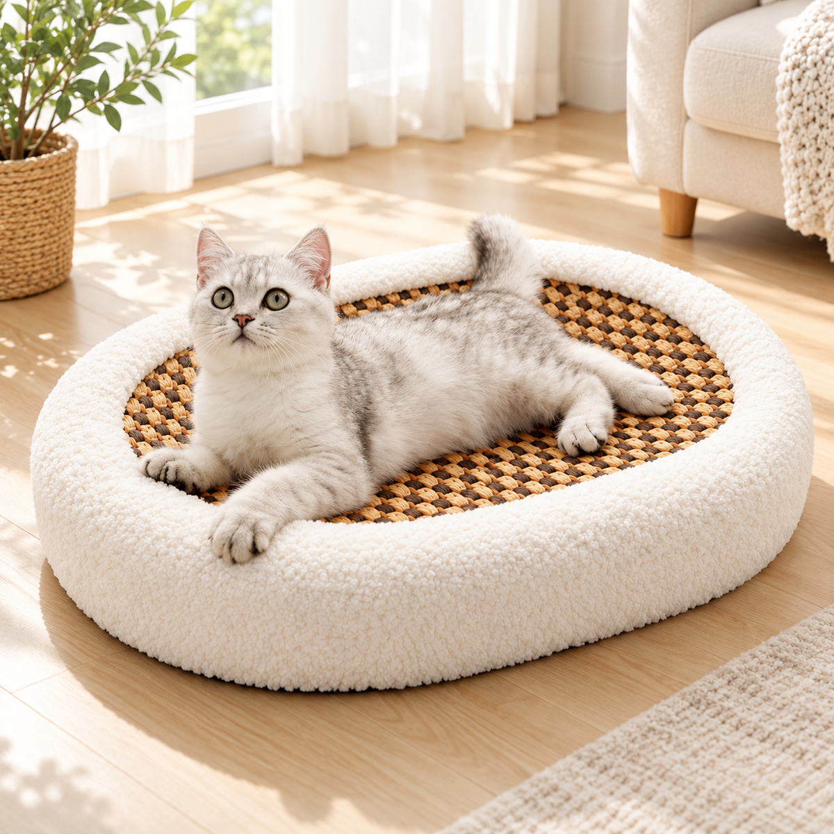 Cat Bed with Woven Scratch Pad | Oval, Fluffy Rim