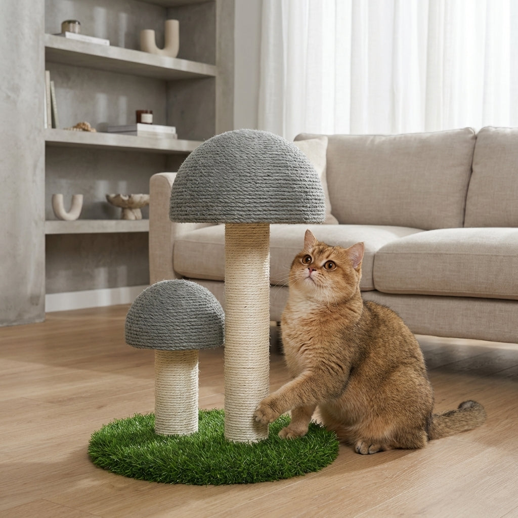 Mushroom-Shaped Sisal Scratching Post | Artificial Grass Base | Set of 2