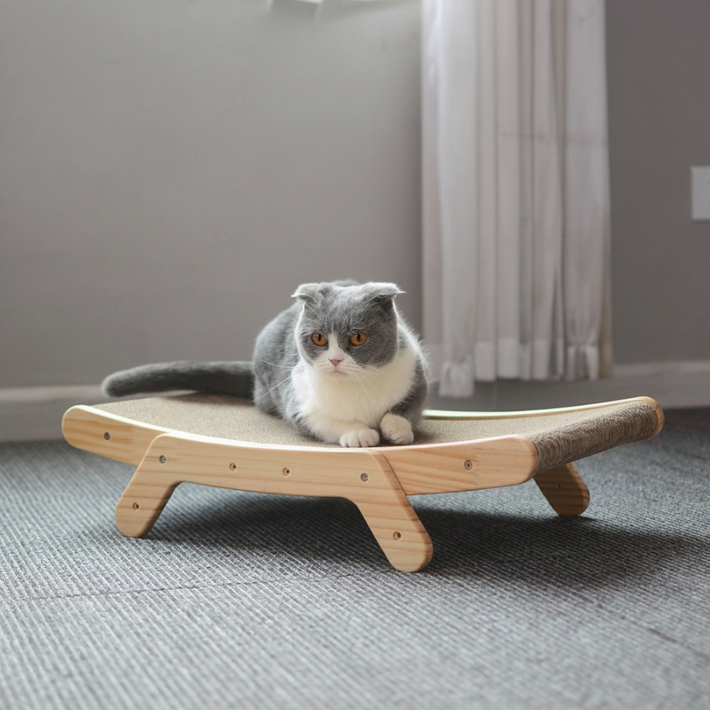 Curved Cat Scratcher Lounge | Wood Frame, Replaceable Cardboard Pad