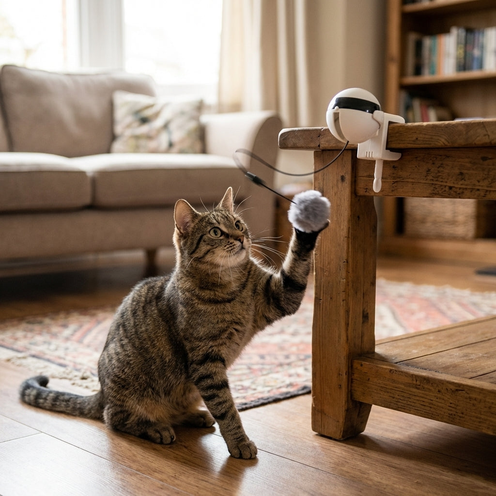 Automatic Lifting Cat Toy | Clamp-On String & Pompom | Hands-Free