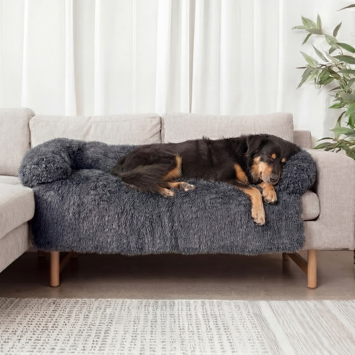 Fluffy Dog Couch Cover with Bolster | Faux Fur, Raised Edges, 35.4 in