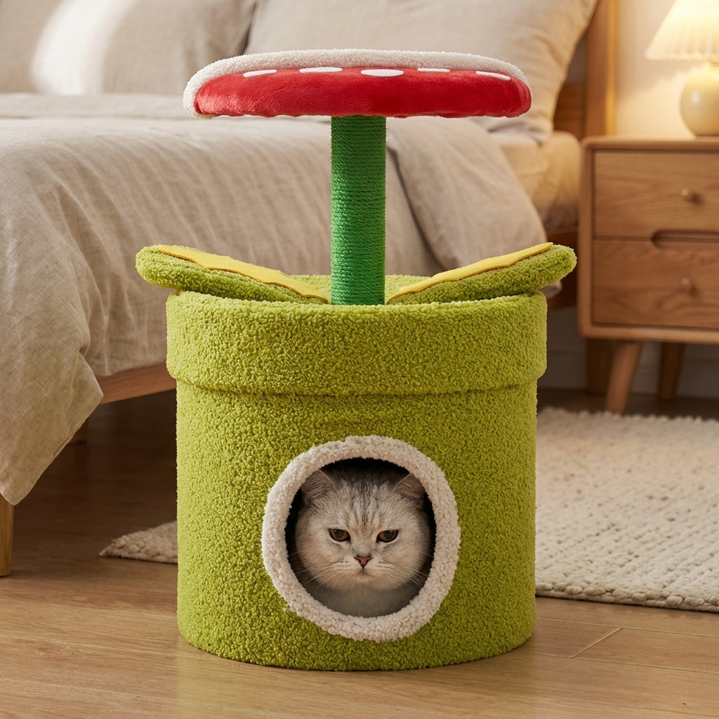 Carnivorous Plant Cat Tree with Hideaway & Scratching Post | Sisal & Teddy Fluff
