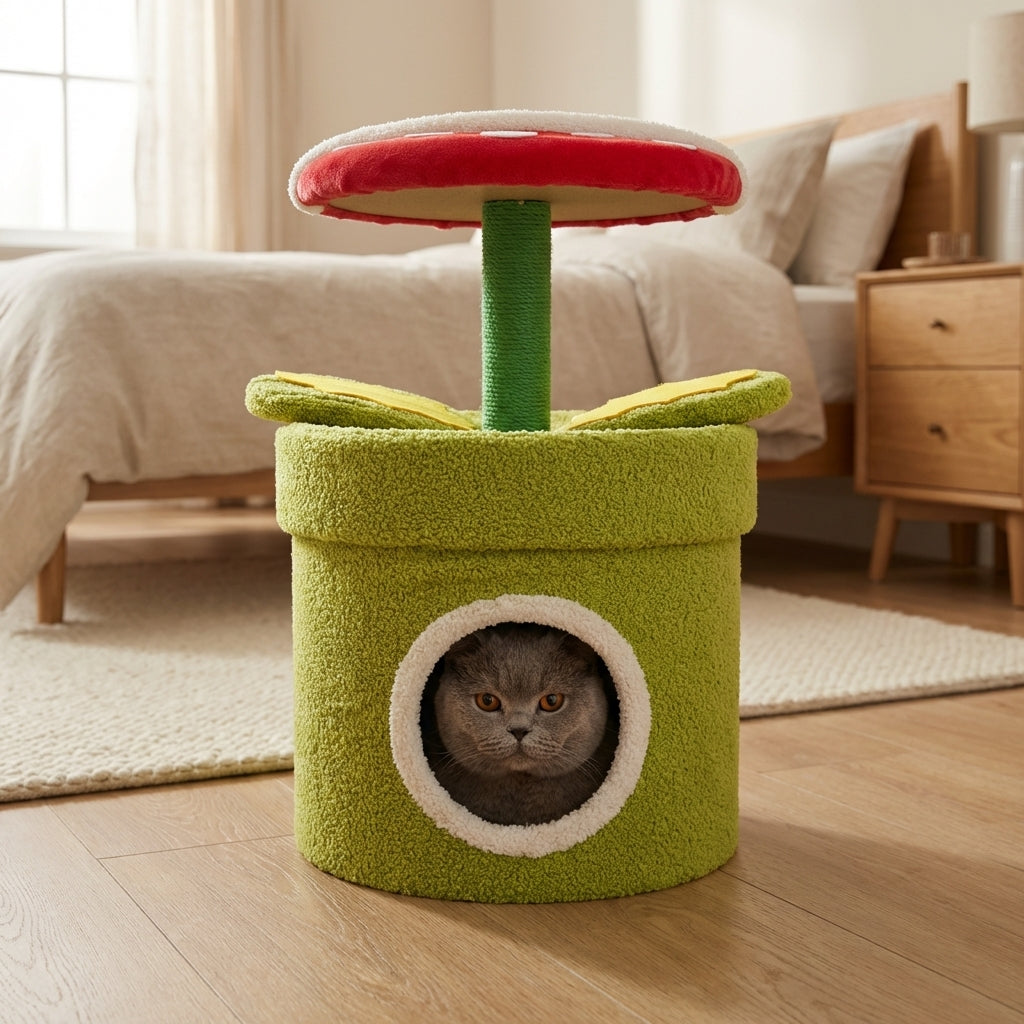 Carnivorous Plant Cat Tree with Hideaway & Scratching Post | Sisal & Teddy Fluff