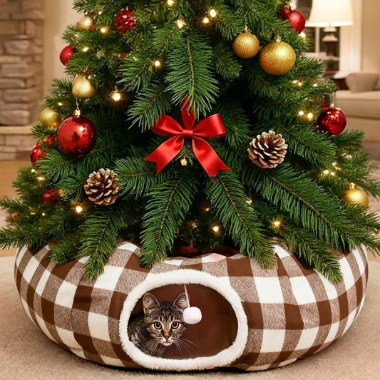 Cat Tunnel Bed and Christmas Tree Skirt | Donut Tunnel with Peek Holes, 36 in
