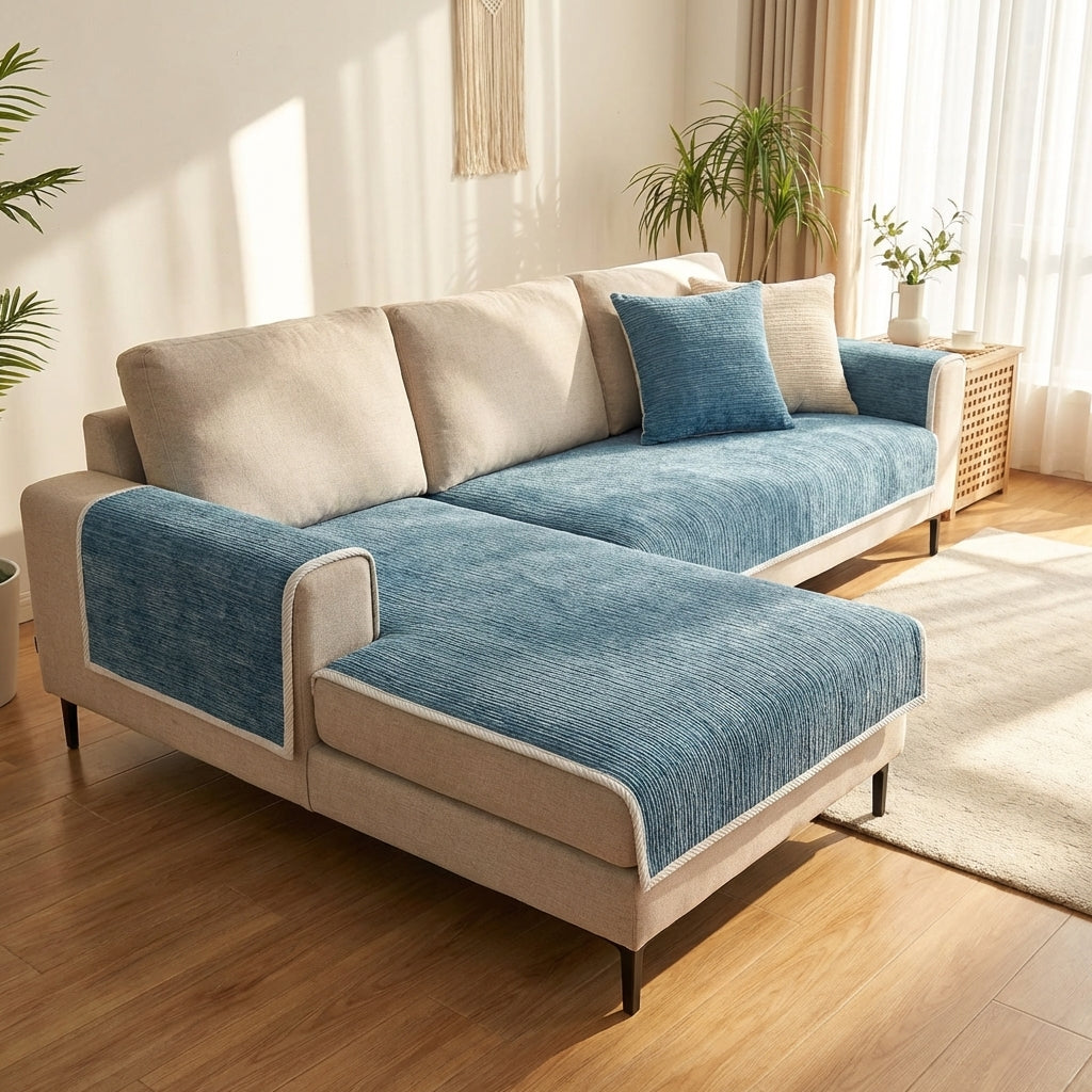 Chenille Sofa Cover | Striped Anti-Scratch | Grey / Blue / Beige