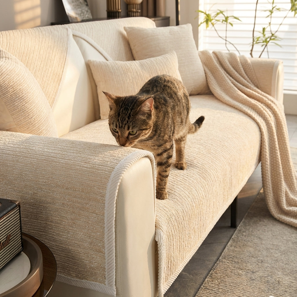 Chenille Sofa Cover | Striped Anti-Scratch | Grey / Blue / Beige