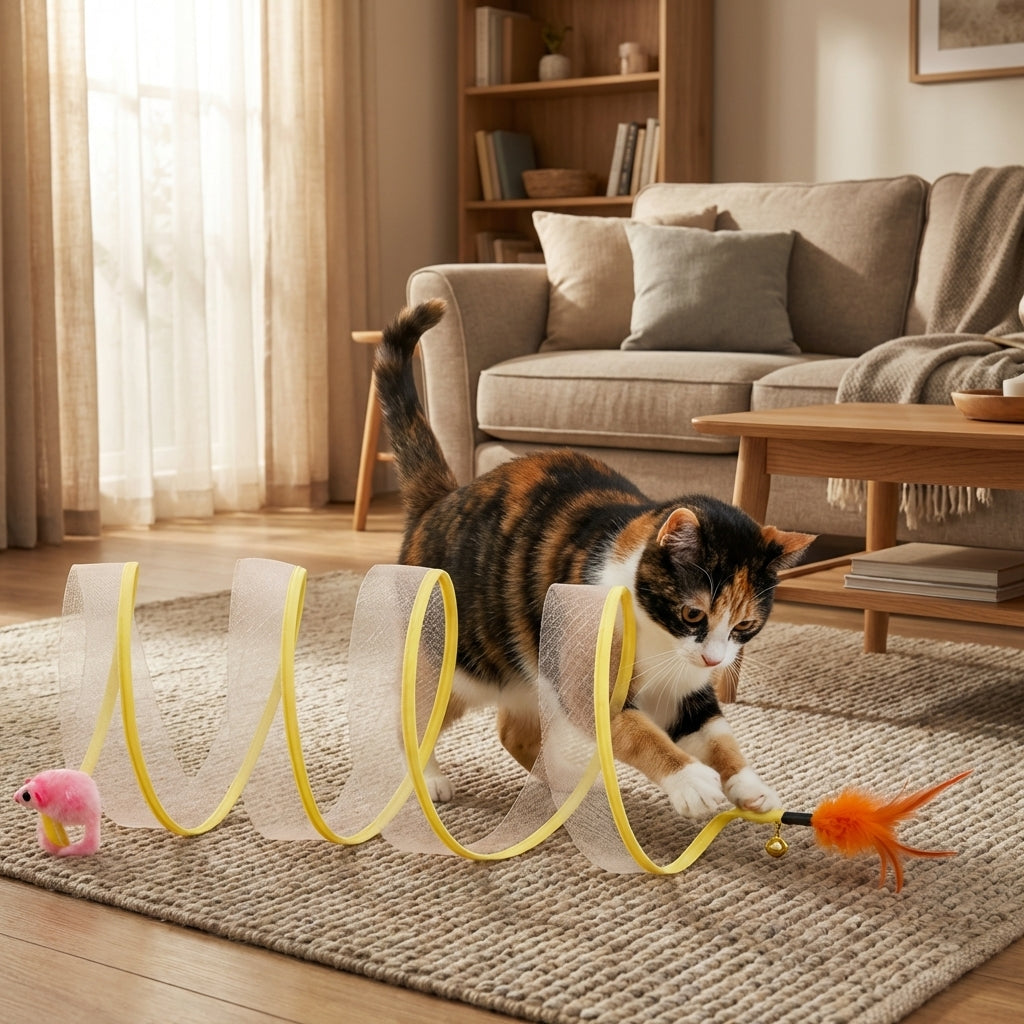 Collapsible Cat Tunnel Toy with Feather Attachments | Mesh & Steel Frame