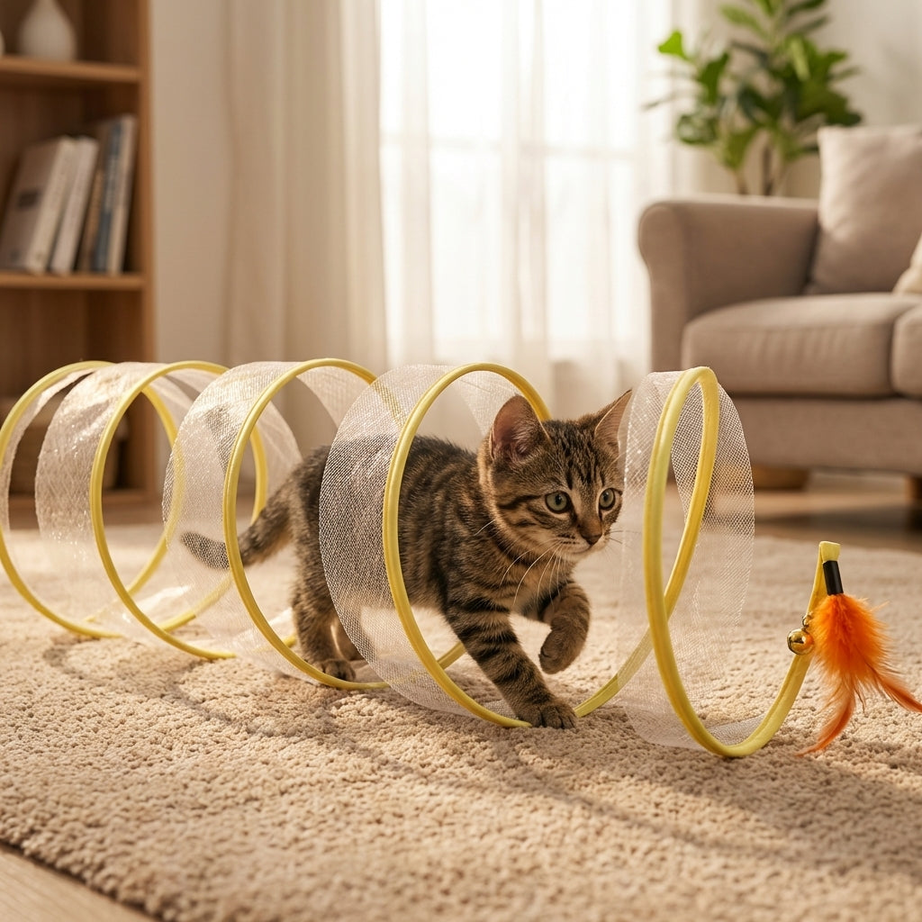 Collapsible Cat Tunnel Toy with Feather Attachments | Mesh & Steel Frame