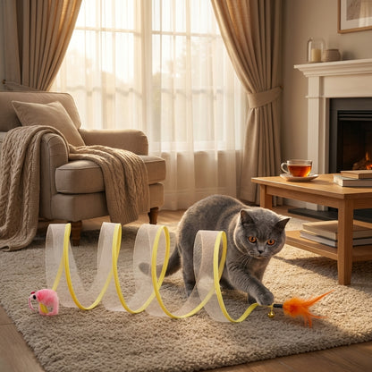 Collapsible Cat Tunnel Toy with Feather Attachments | Mesh & Steel Frame