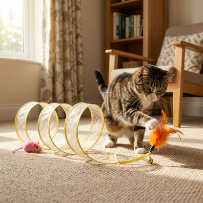 Collapsible Cat Tunnel Toy with Feather Attachments | Mesh & Steel Frame