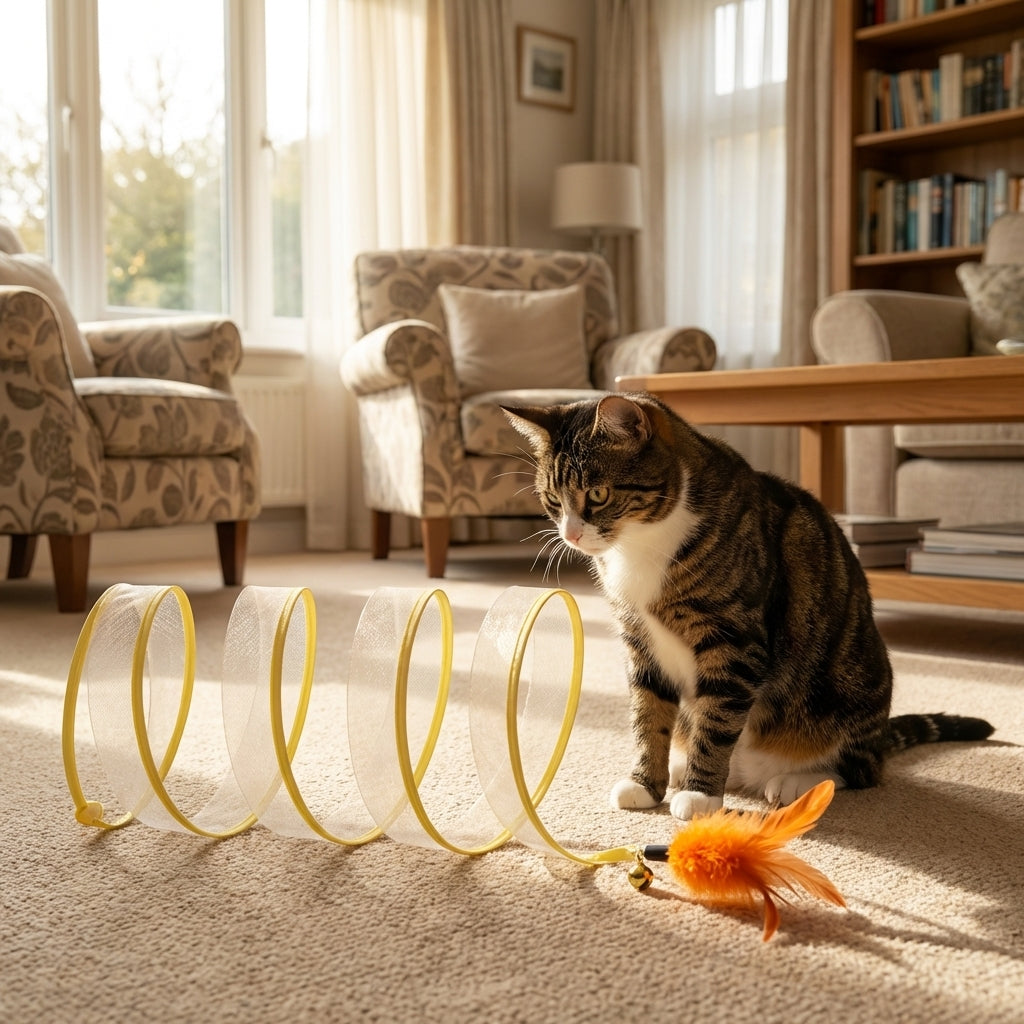 Collapsible Cat Tunnel Toy with Feather Attachments | Mesh & Steel Frame