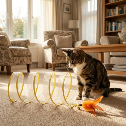 Collapsible Cat Tunnel Toy with Feather Attachments | Mesh & Steel Frame