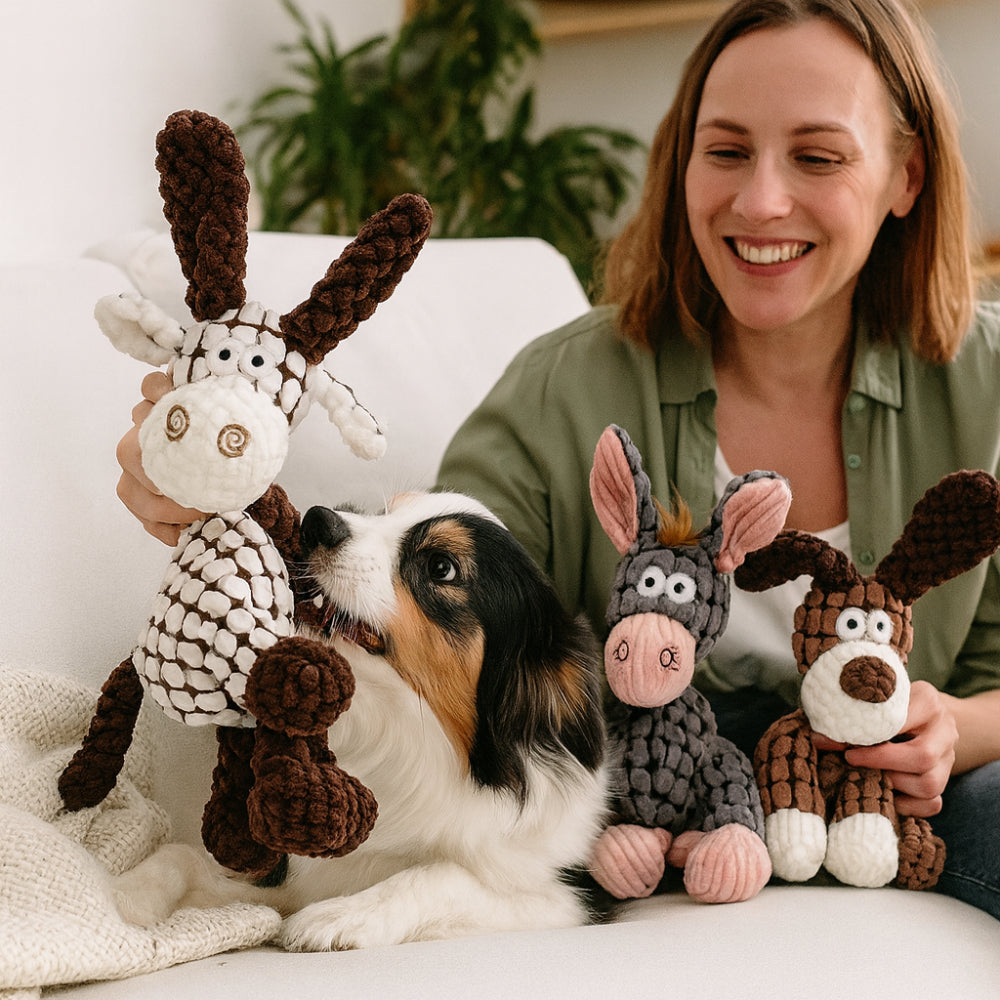 Plush Donkey Dog Toy | Squeaky, Ribbed Texture, 3 Colors