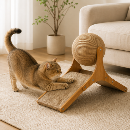 Sisal Cat Scratching Ramp with Rope Ball | Wood Frame, Small or Large