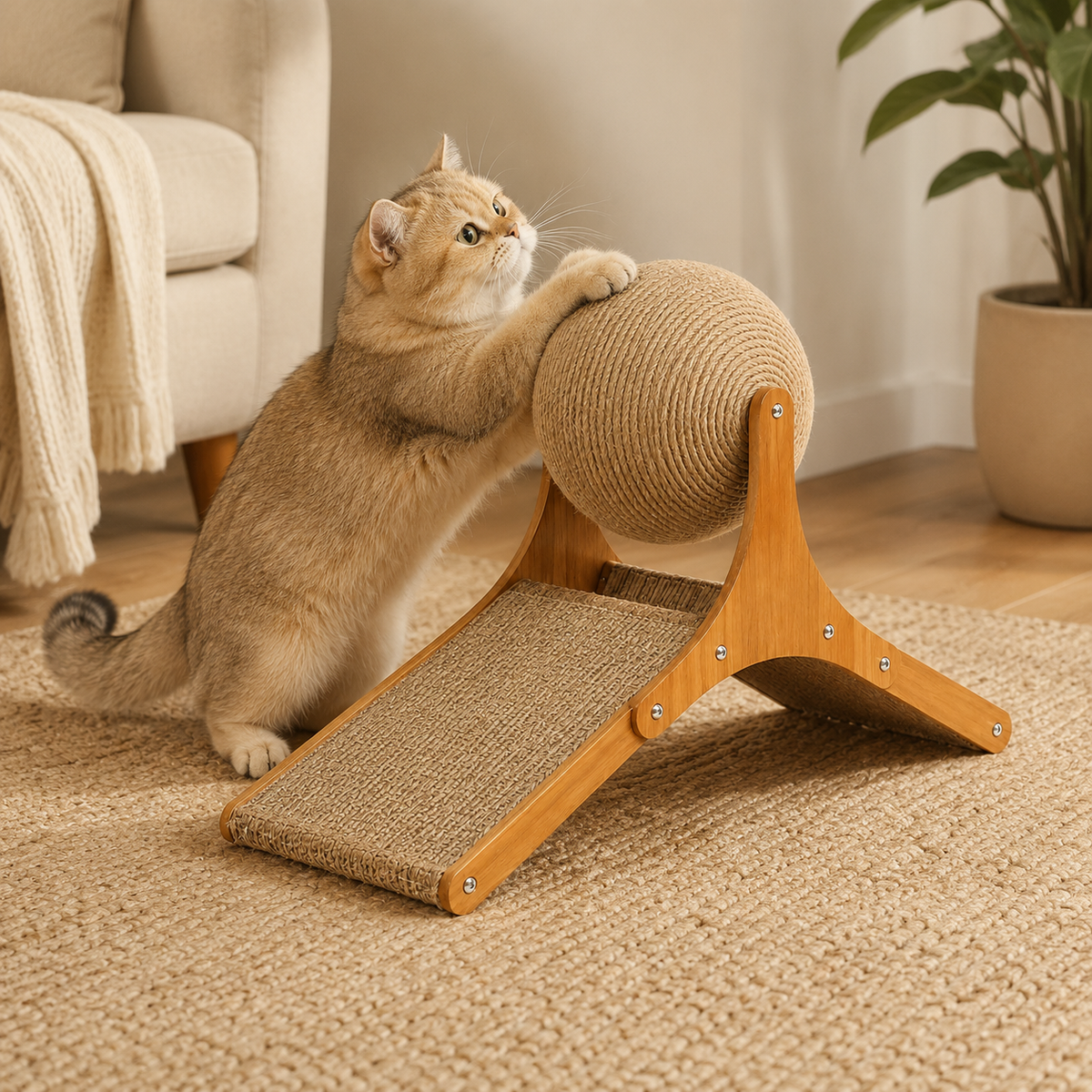 Sisal Cat Scratching Ramp with Rope Ball | Wood Frame, Small or Large
