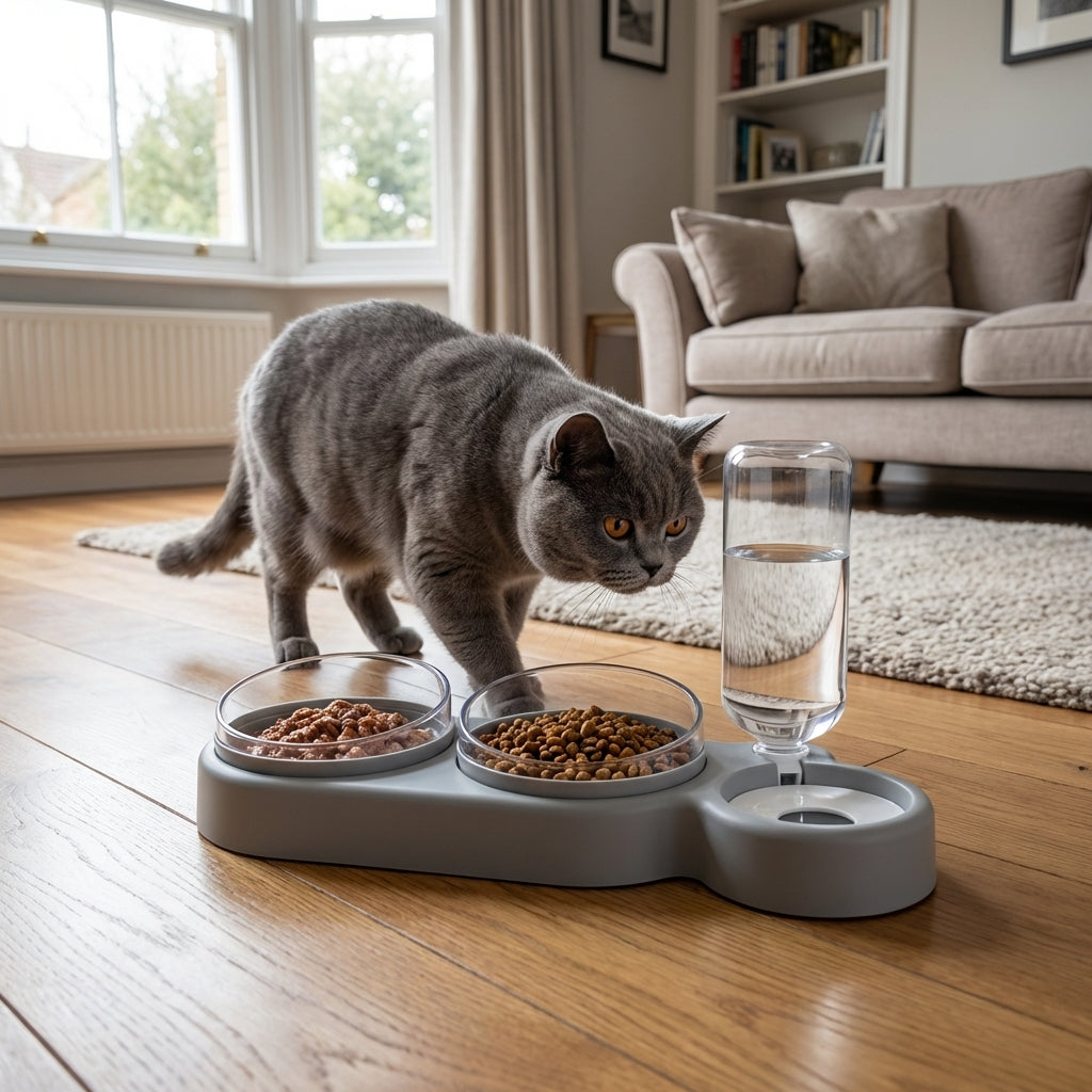 Dual Pet Feeding Bowl with Auto Water Dispenser