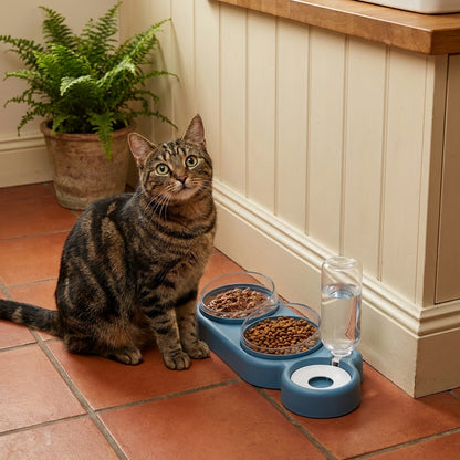 Dual Pet Feeding Bowl with Auto Water Dispenser
