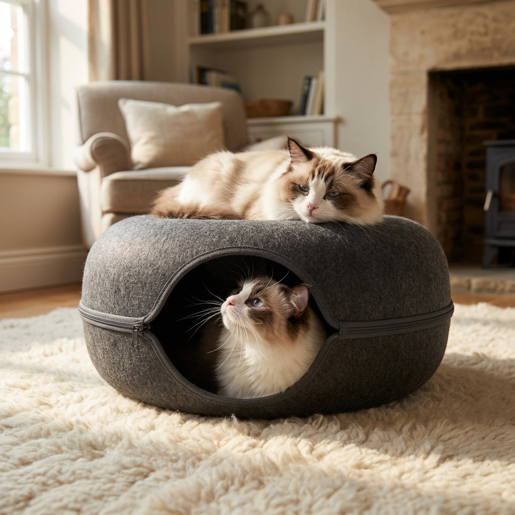 Felt Donut Cat Bed & Tunnel | 2-in-1 | Collapsible with Zipper