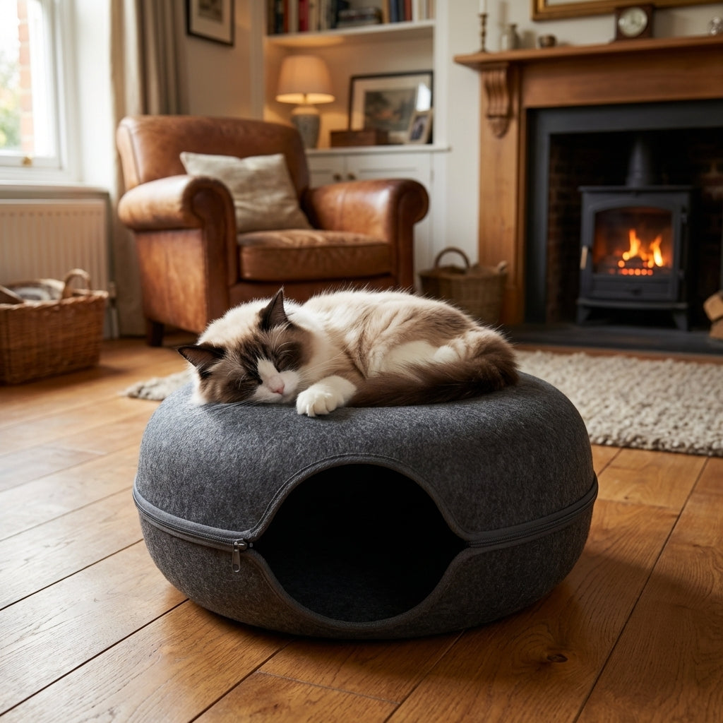 Felt Donut Cat Bed & Tunnel | 2-in-1 | Collapsible with Zipper