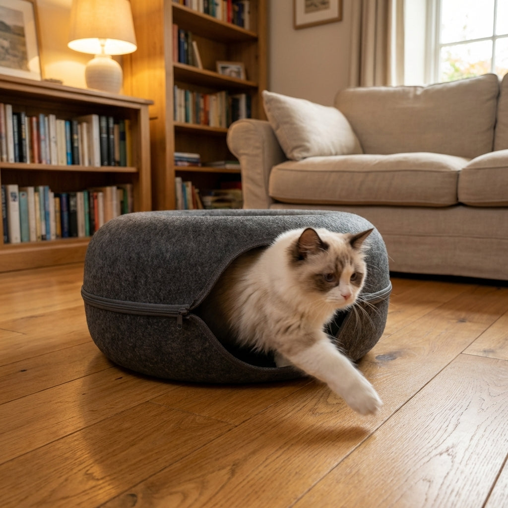 Felt Donut Cat Bed & Tunnel | 2-in-1 | Collapsible with Zipper