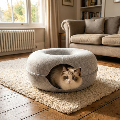 Felt Donut Cat Bed & Tunnel | 2-in-1 | Collapsible with Zipper