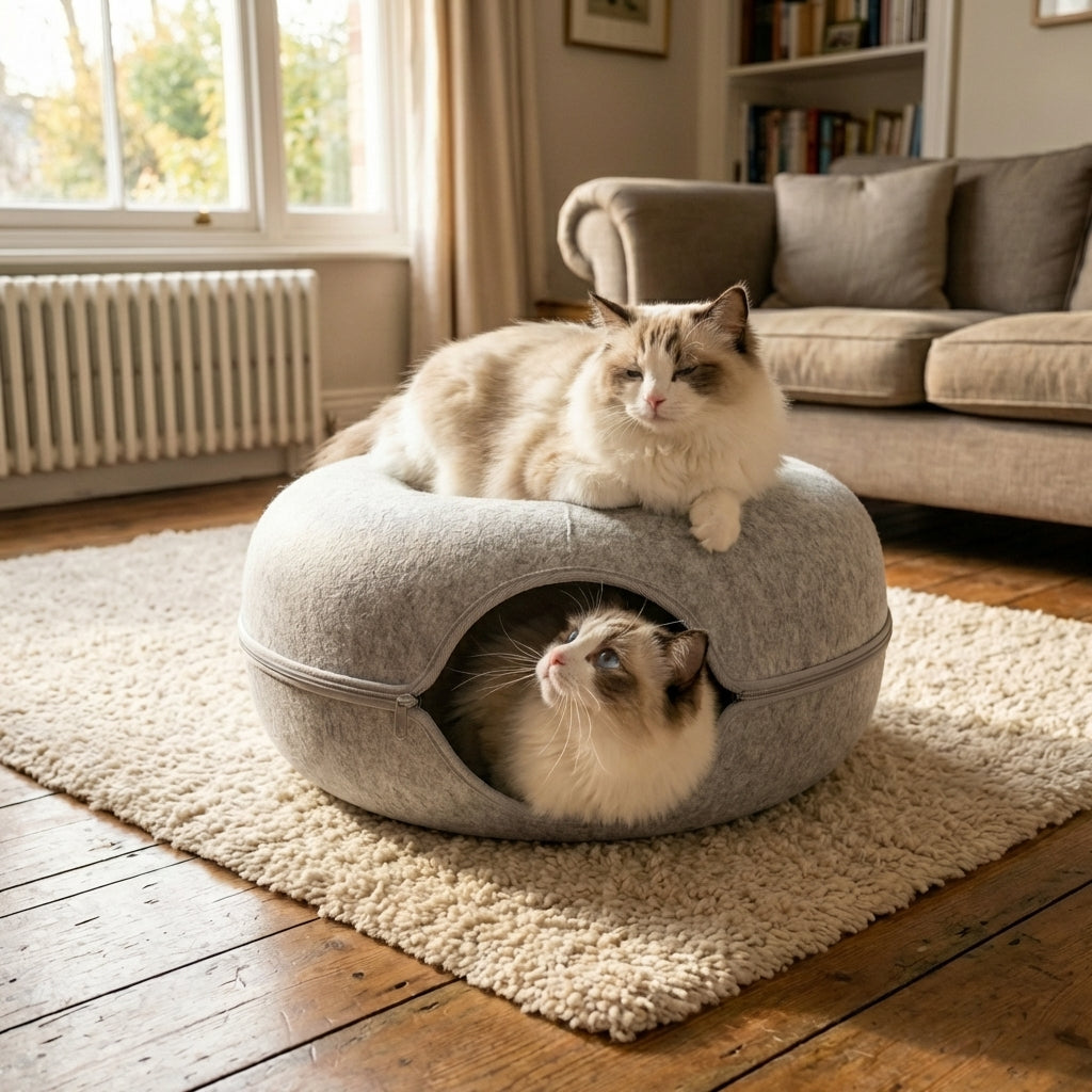 Felt Donut Cat Bed & Tunnel | 2-in-1 | Collapsible with Zipper