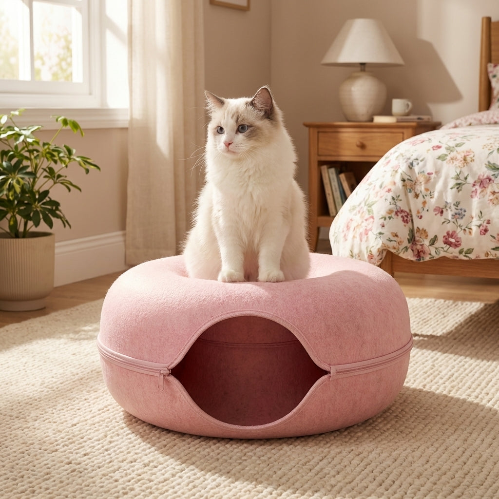 Felt Donut Cat Bed & Tunnel | 2-in-1 | Collapsible with Zipper