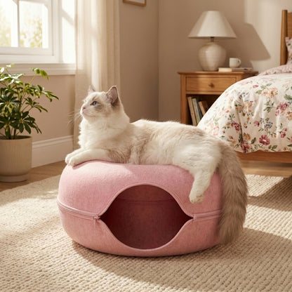 Felt Donut Cat Bed & Tunnel | 2-in-1 | Collapsible with Zipper