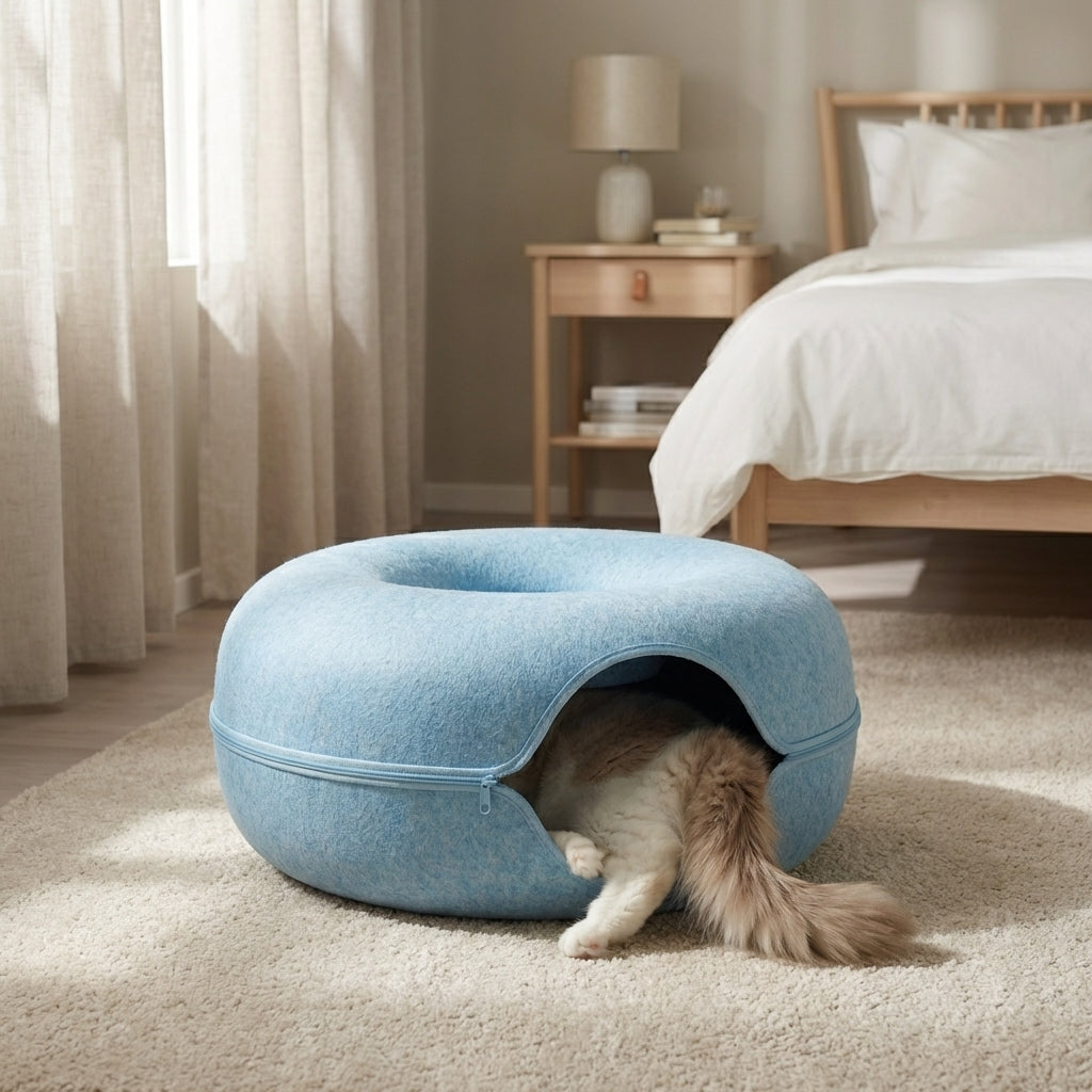 Felt Donut Cat Bed & Tunnel | 2-in-1 | Collapsible with Zipper