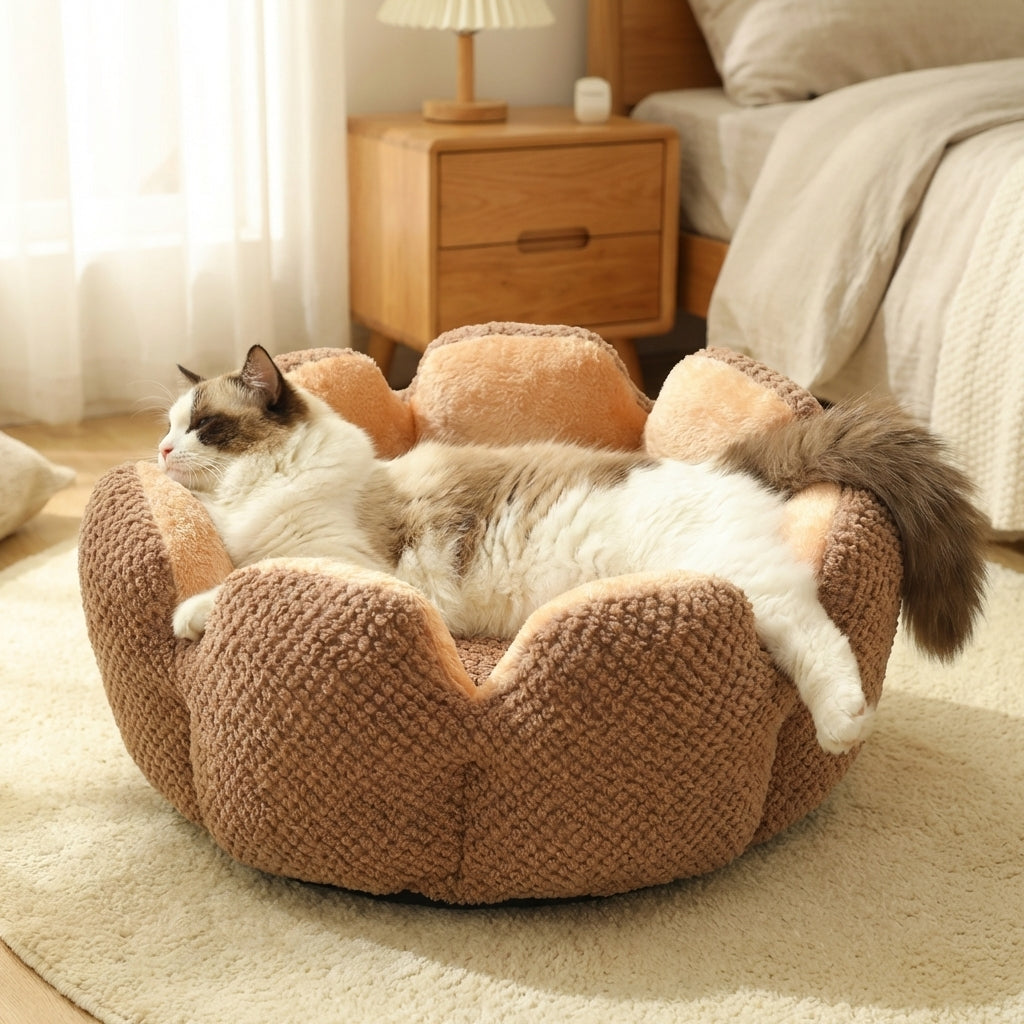 Flower-Shape Cat Bed | Coral Fleece & Polyester | Washable