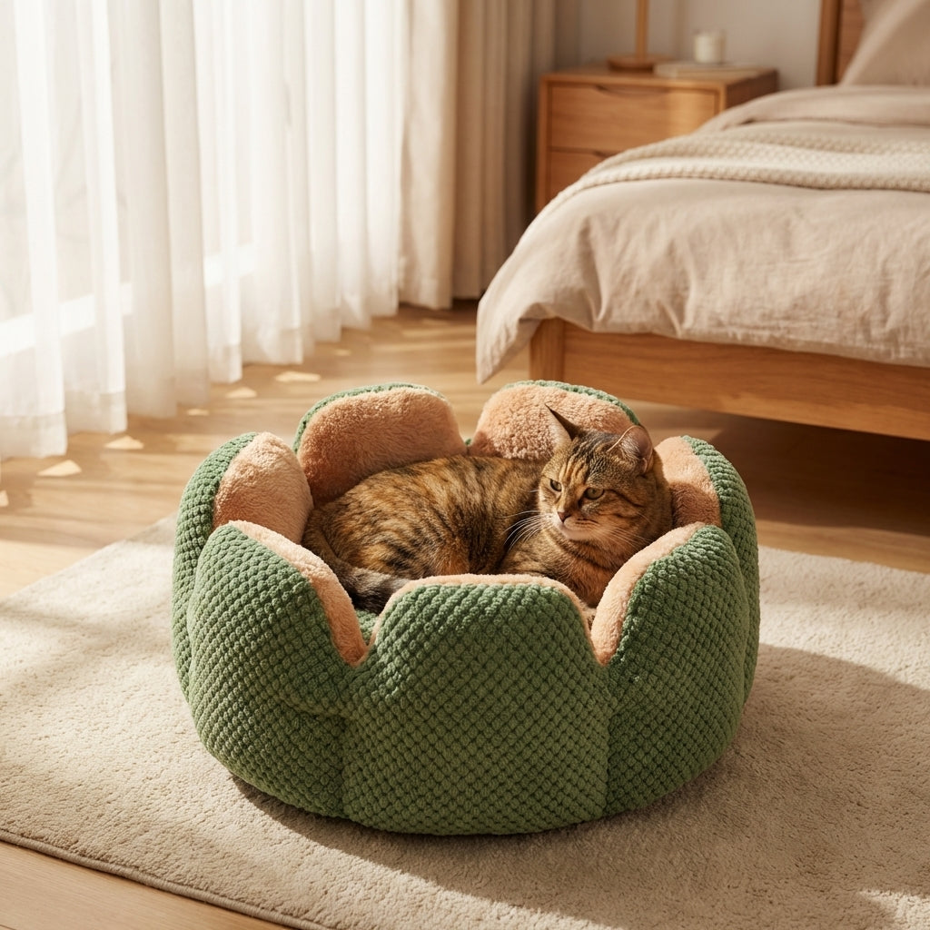 Flower-Shape Cat Bed | Coral Fleece & Polyester | Washable