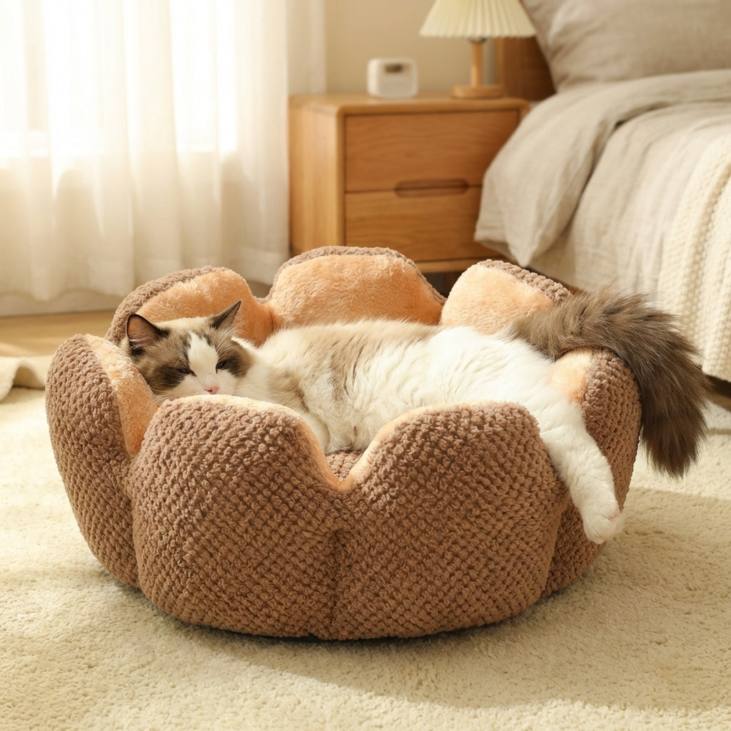 Flower-Shape Cat Bed | Coral Fleece & Polyester | Washable