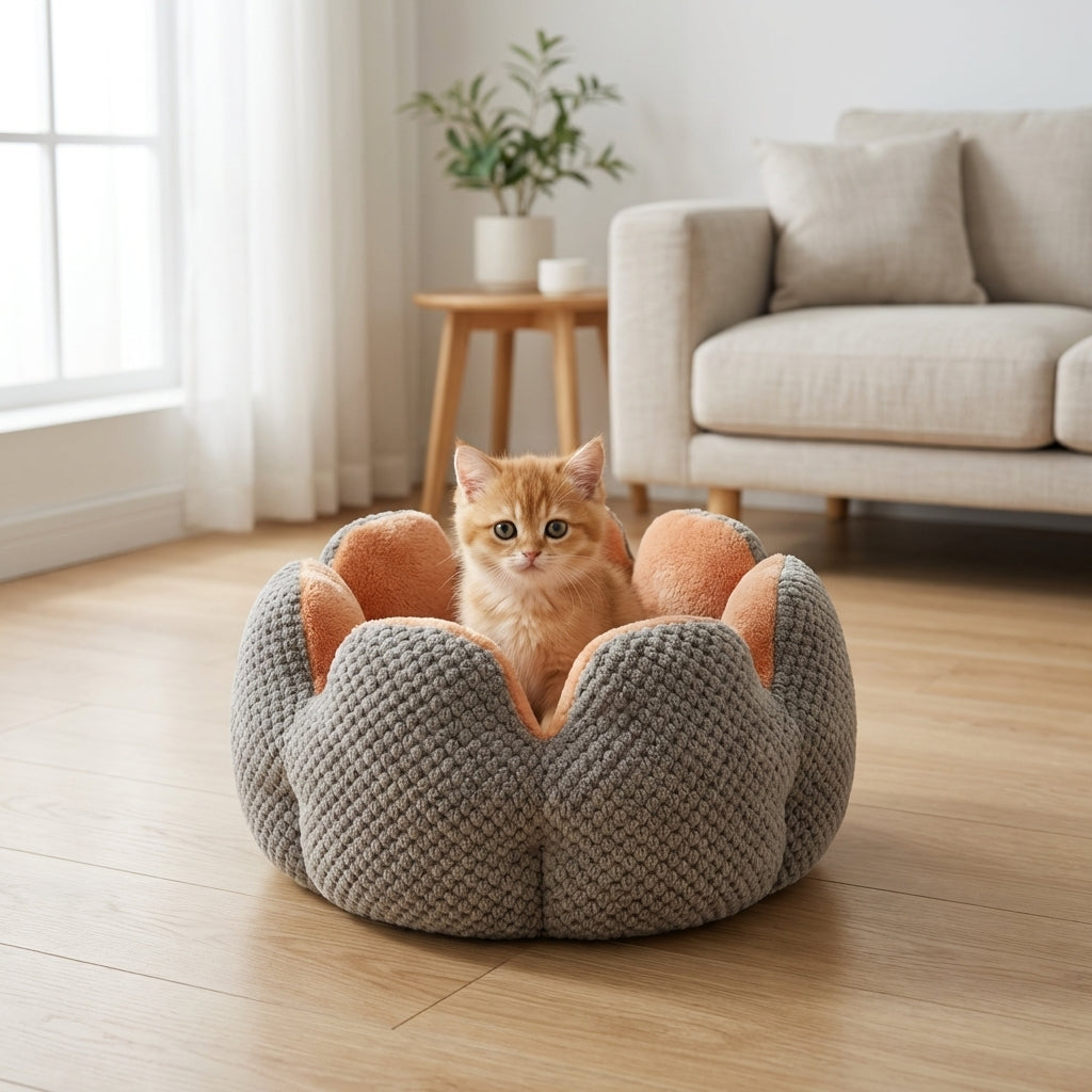 Flower-Shape Cat Bed | Coral Fleece & Polyester | Washable