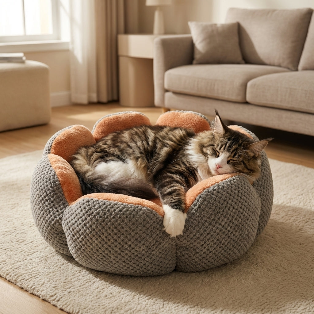 Flower-Shape Cat Bed | Coral Fleece & Polyester | Washable
