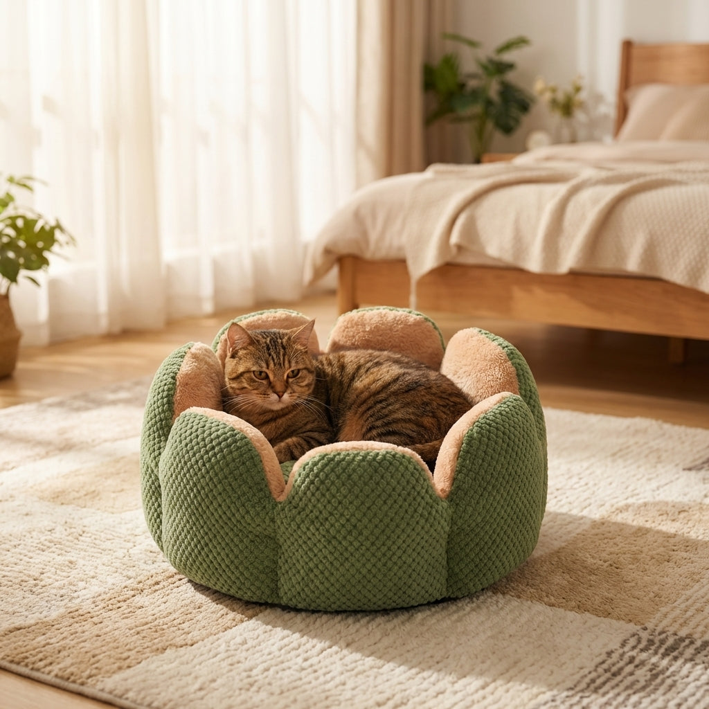 Flower-Shape Cat Bed | Coral Fleece & Polyester | Washable