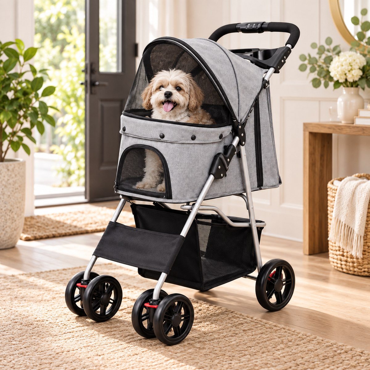 Foldable Dog Stroller with Storage Basket | 4 Wheels, Canopy, Safety Belt