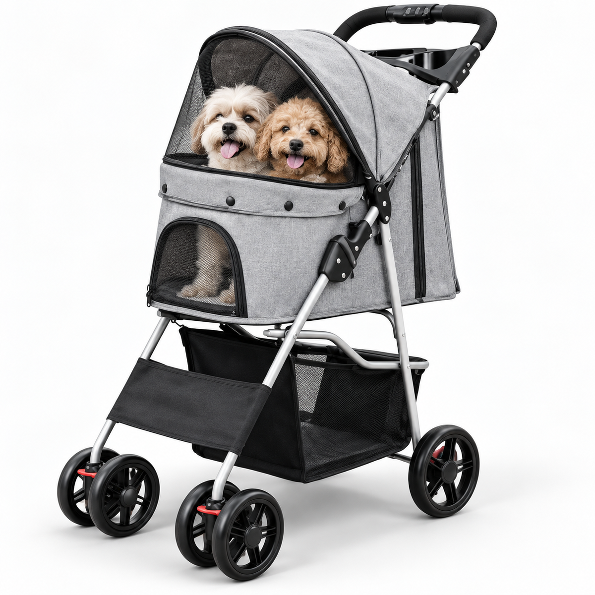 Foldable Dog Stroller with Storage Basket | 4 Wheels, Canopy, Safety Belt