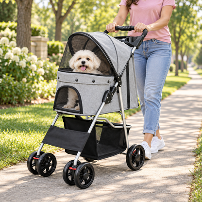 Foldable Dog Stroller with Storage Basket | 4 Wheels, Canopy, Safety Belt