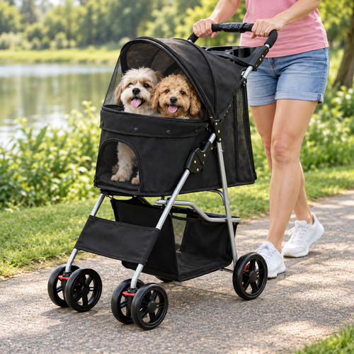 Foldable Dog Stroller with Storage Basket | 4 Wheels, Canopy, Safety Belt