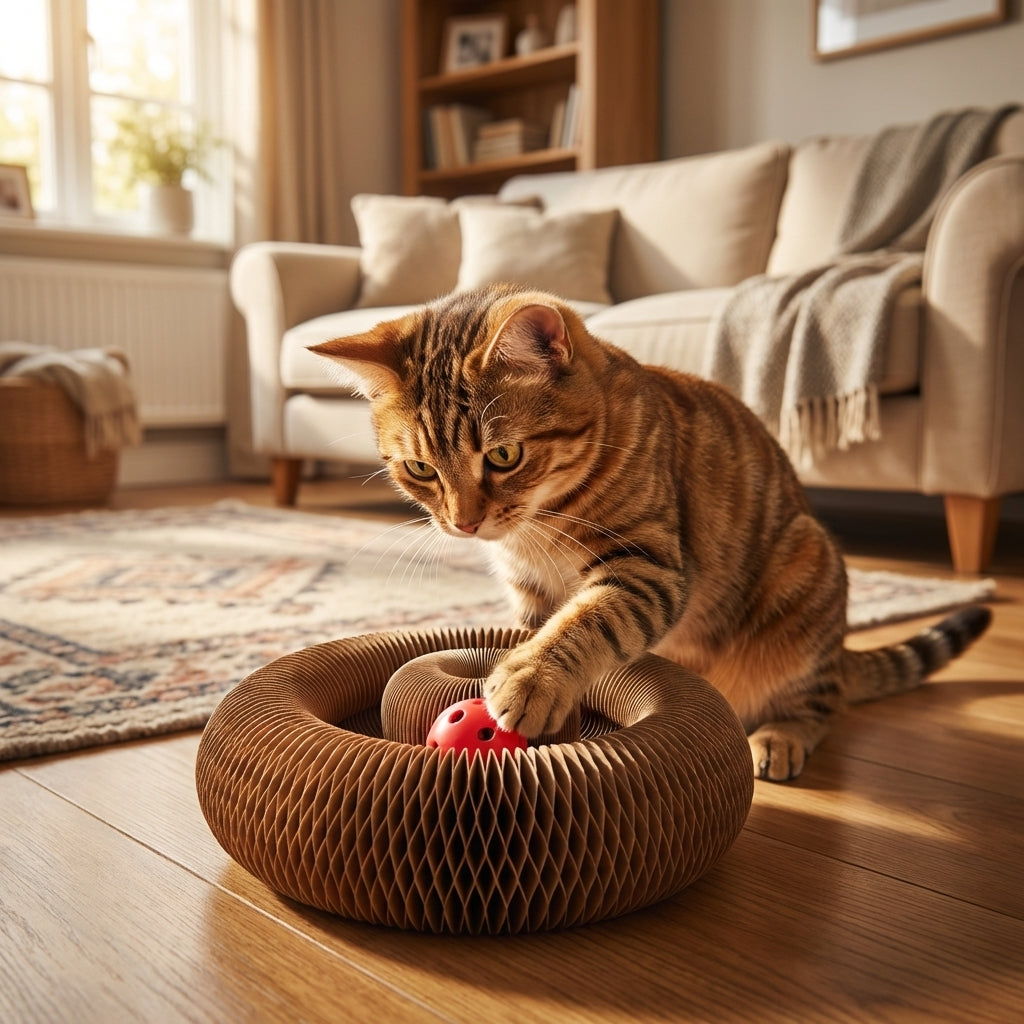 Foldable Corrugated Cardboard Cat Scratcher with Ball Track | 4-in-1