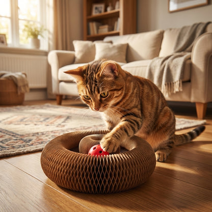 Foldable Corrugated Cardboard Cat Scratcher with Ball Track | 4-in-1