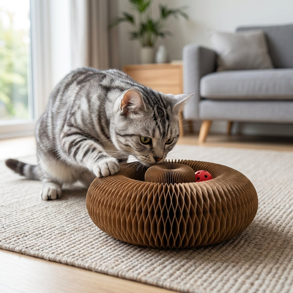 Foldable Corrugated Cardboard Cat Scratcher with Ball Track | 4-in-1