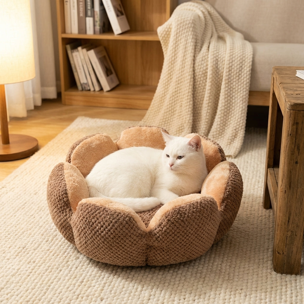 Flower-Shape Cat Bed | Coral Fleece & Polyester | Washable