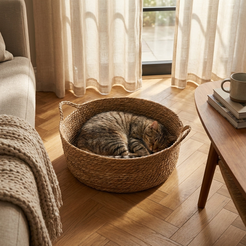 Hand-Woven Cattail Cat Basket Bed | Natural Material | 35 / 42 / 48 cm