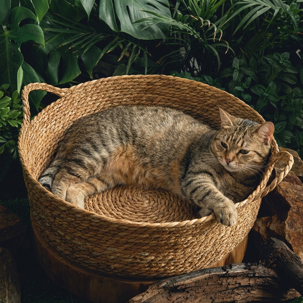 Hand-Woven Cattail Cat Basket Bed | Natural Material | 35 / 42 / 48 cm