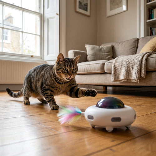 Interactive Robot Cat Toy with Feather & LED Light | Paw-Activated