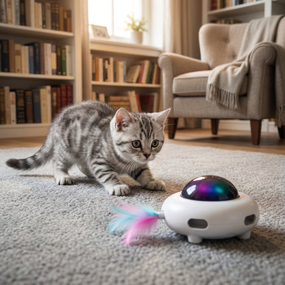 Interactive Robot Cat Toy with Feather & LED Light | Paw-Activated