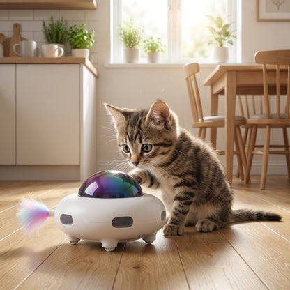Interactive Robot Cat Toy with Feather & LED Light | Paw-Activated