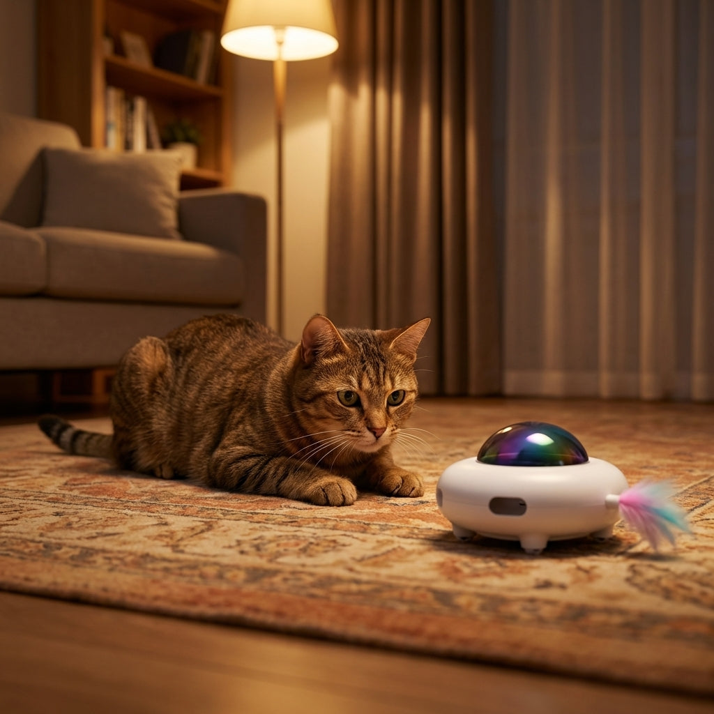 Interactive Robot Cat Toy with Feather & LED Light | Paw-Activated